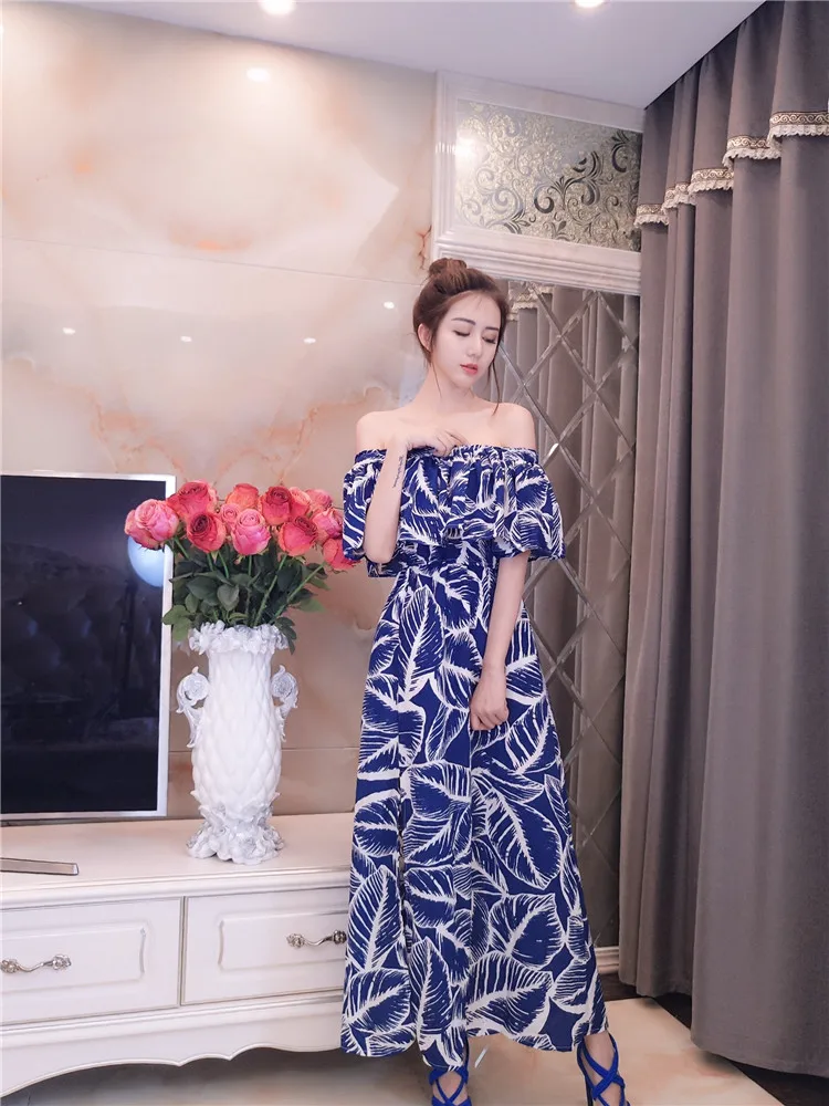 Новая летняя женская одежда с косой вырез оборками Модное Длинное Платье принтом