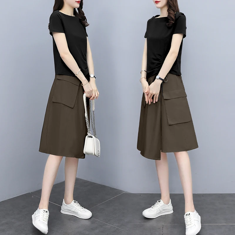 

new summer fashion casual soid color two-piece sets pocket short sleeves o-neck women's clothing female