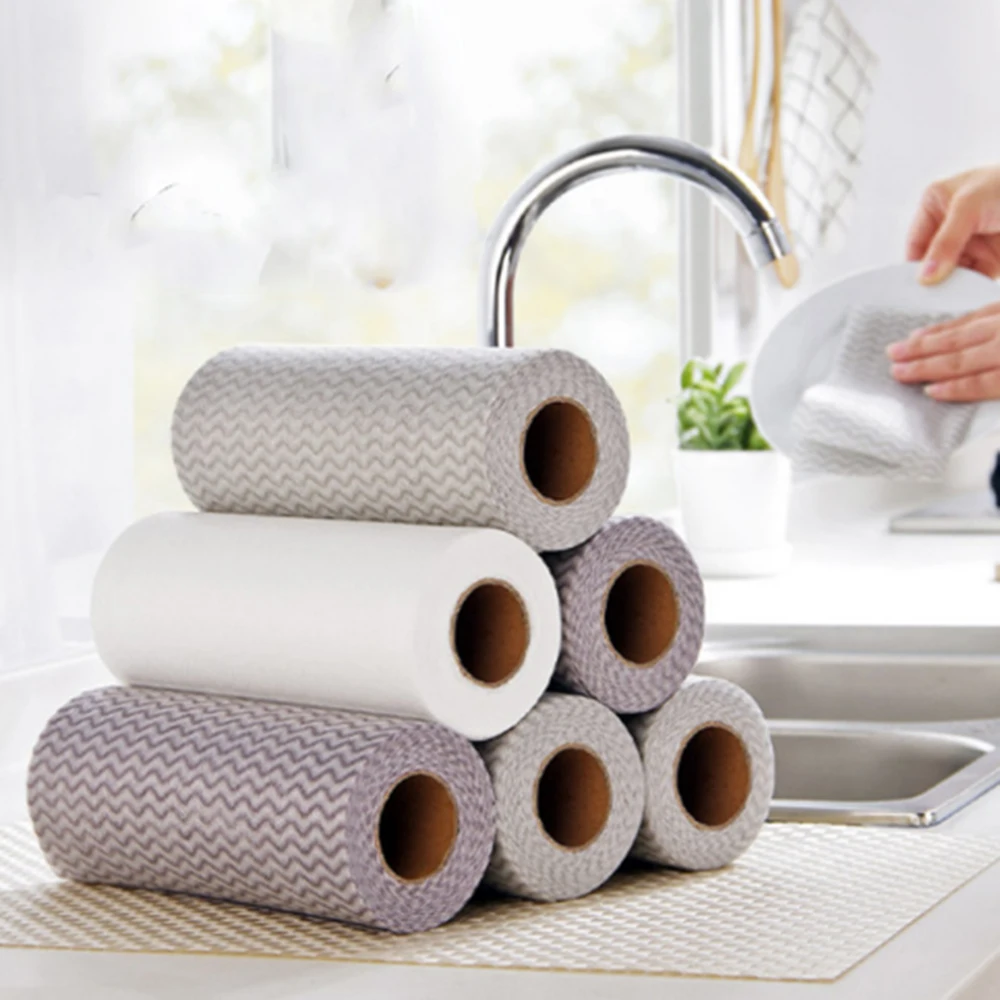 

50pcs/roll Non-woven Kitchen Cleaning Cloth Disposable Rags Wiping Scouring Pad Dishcloth Bathroom Washing Cloth