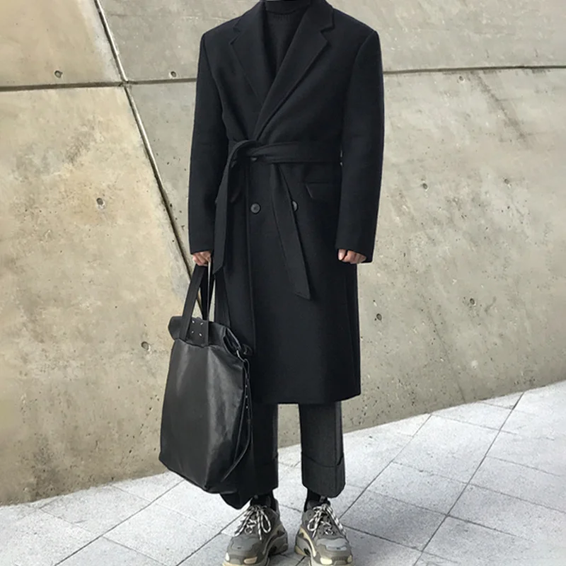 

Мужское зимнее пальто средней длины корейский тренд утолщенное теплое шерстяное пальто двубортное свободное модное ветровка в деловом сти...