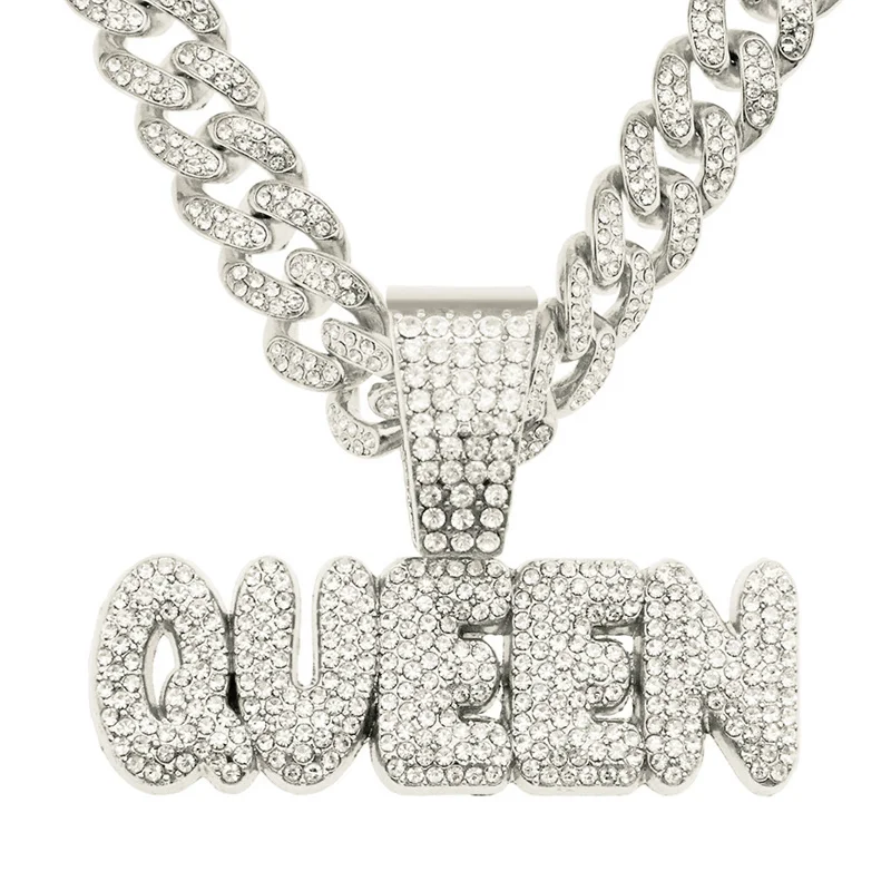 

Iced Out King Queen Pendant Necklace Crystal Hip Hop Jewelry For Men'S Cubic Zircon Letter Pendant With Cuban Link Chain