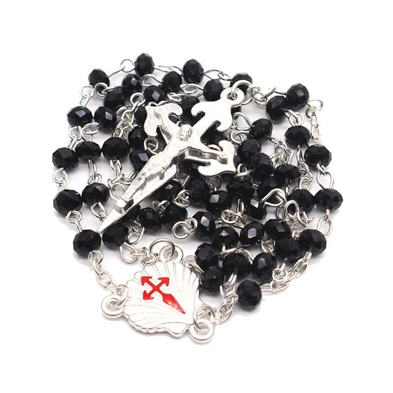 

QIGO Black Crystal Rosary Necklace Long Cross Pendant Catholic Jewelry
