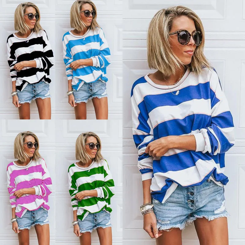 

Autumn New Women Casual T-Shirt O-Neck Striped Print Ladies Blouse Loose Long Sleeve Female Pullover T-Shirts Sweatshirt