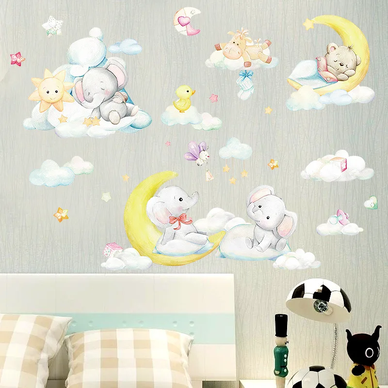 

Cartoon Moon Baby Elephant Bear Wall Stickers Baby Kids Room Bedroom Home Decor Decals Background Decoration Cute Animal Sticker