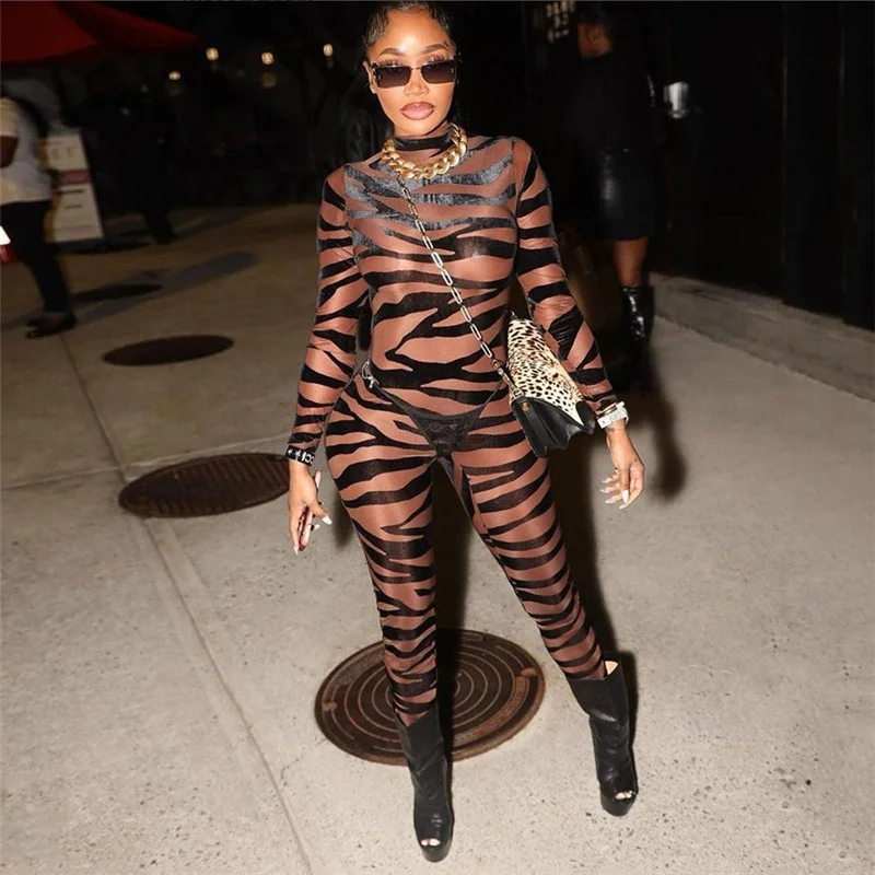 Zoctuo Sexy Jumpsuits For Women Slim Fit Jumpsuit Tight Zebra Printing Sheer Mesh Women's Club Street Wear Long Sleeve Romper
