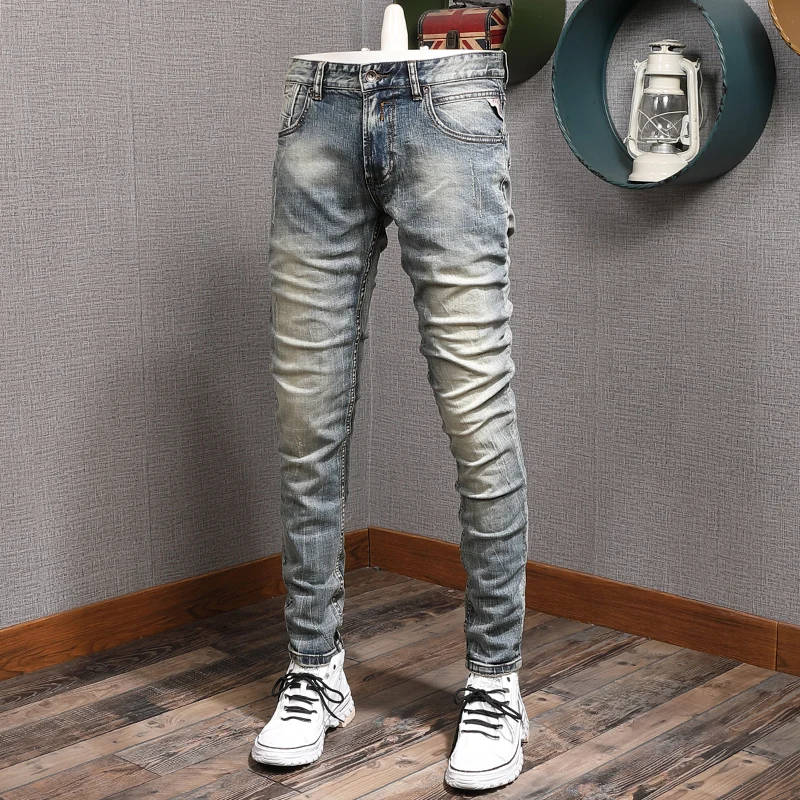 Autumn New Men's Vintage Jeans Slim Fit Straight Pants Distressed Cotton Denim Trousers