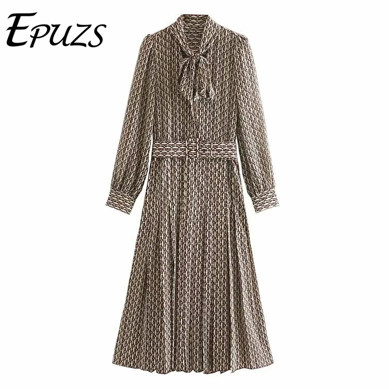 Зимнее винтажное длинное платье с принтом женское длинным рукавом офисная