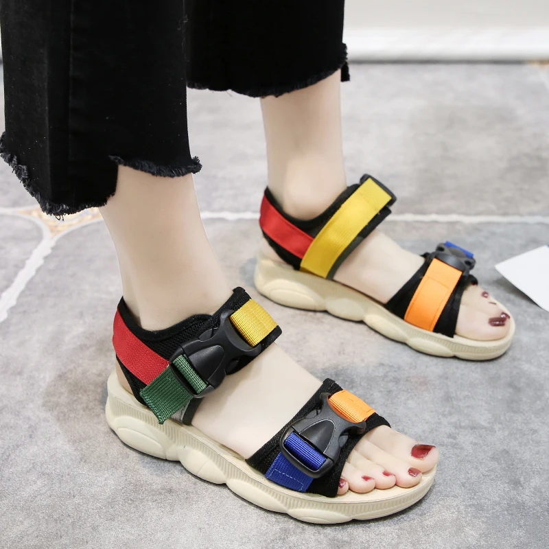 

Dropshipping Woman Open Toe Mixed Color Casual Sandals 2020 New Summer Women's Sandals Ladies Summer Fashion Mesh Flats Shoes