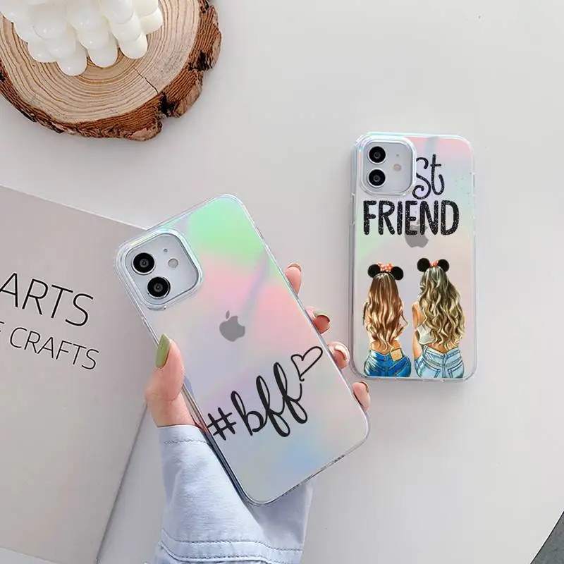 

Best friends Phone Case for iPhone huawei P 7 8 9 11 12 10 30 40 S X XS XR MINI Pro Max Plus laser Transparent Glitter