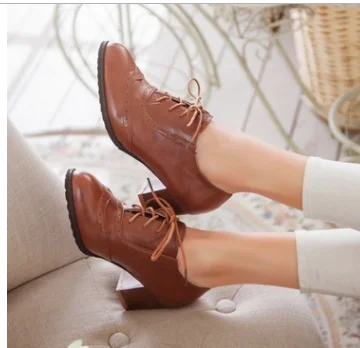 Ladies high heel Boots Lace-up cut out breathable Low Top Shoes Round toe Pumps Retro Mujer Zapatos Brown Green Black Grey 43 41 - Цвет: brown 4cm heel