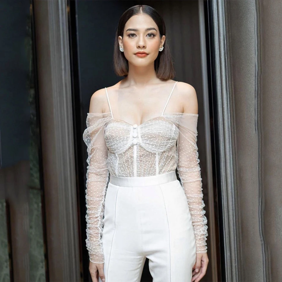 2019 Autumn New Elegant White Women's Jumpsuit Sexy Long Sleeve Lace Bodycon Celebrity Evening Runway Party |