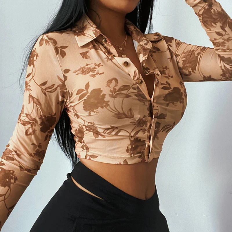 

Summer Floral Print Cropped Shirts Women Long Sleeve Turn Down Neck Slim Sexy Tee Woman Retro Clothes 2021 Beach Tops