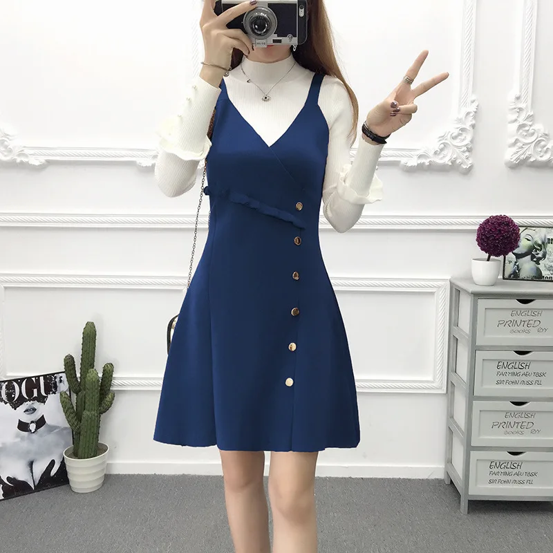 Vest skirt Blue Корейское женское вязаное платье с глубоким v-образным вырезом без рукавов, повседневные платья-майки, женское платье, новинка, шерстяное платье, свободное платье на весну и осень - Цвет: Vest skirt Blue