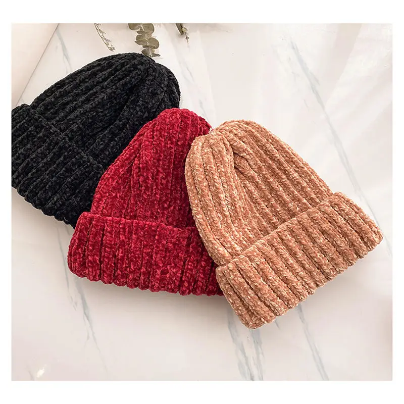 Новинка 2020 Вельветовая вязанная шерстяная шапка зимняя женская бини Двойная