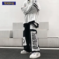 tideshec manga patch pants mens ins harajuku trousers casual loose straight wide leg black stitching patch anime printed jeans