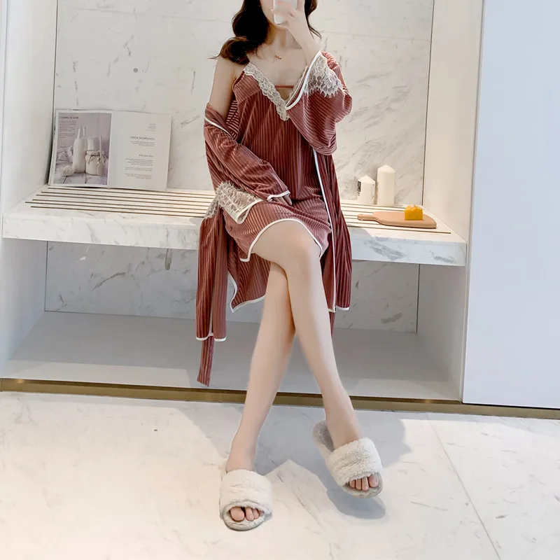 

New Arrival Homewear Kimono Bathrobe Gown Velour Home Clothing Intimate Lingerie Women Sleepwear Autumn Lace Nightwear