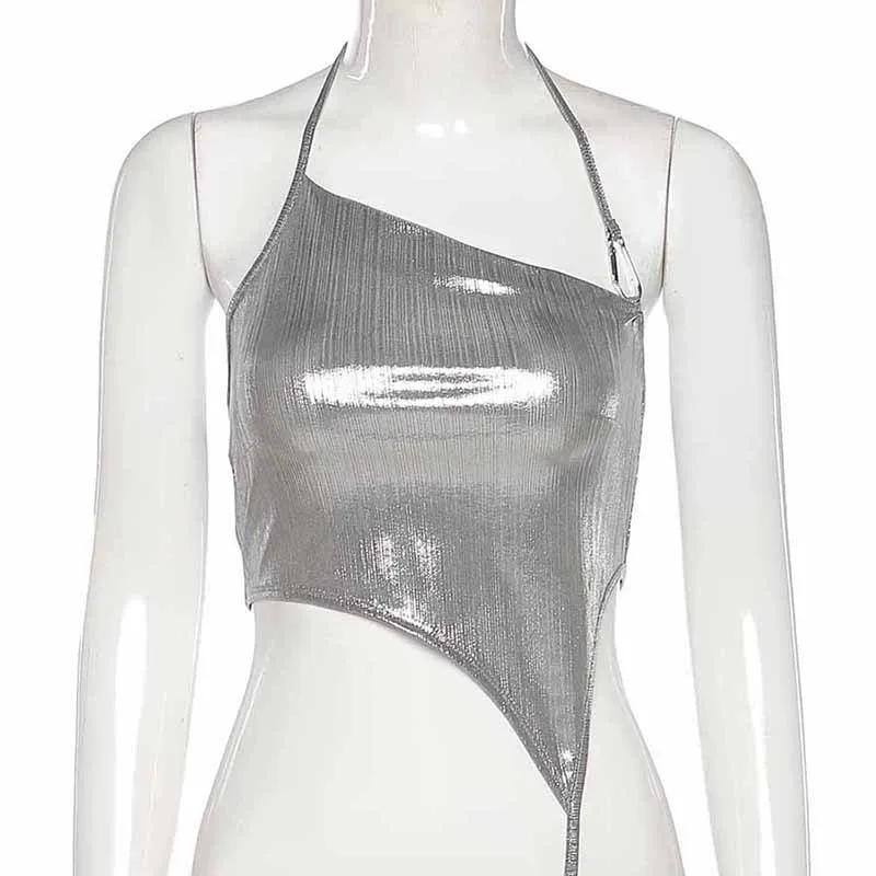 

2021 New Fashion Sexy Off Shoulder Backless Bandage Female Camisole Summer New Casual Party Vacation Beach Slim Shiny Silver Top