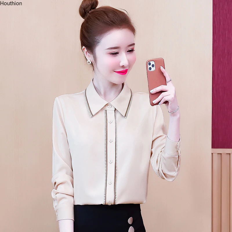 

Блузка Женская атласная с длинным рукавом, Повседневная модная рубашка свободного покроя, однотонная, лето