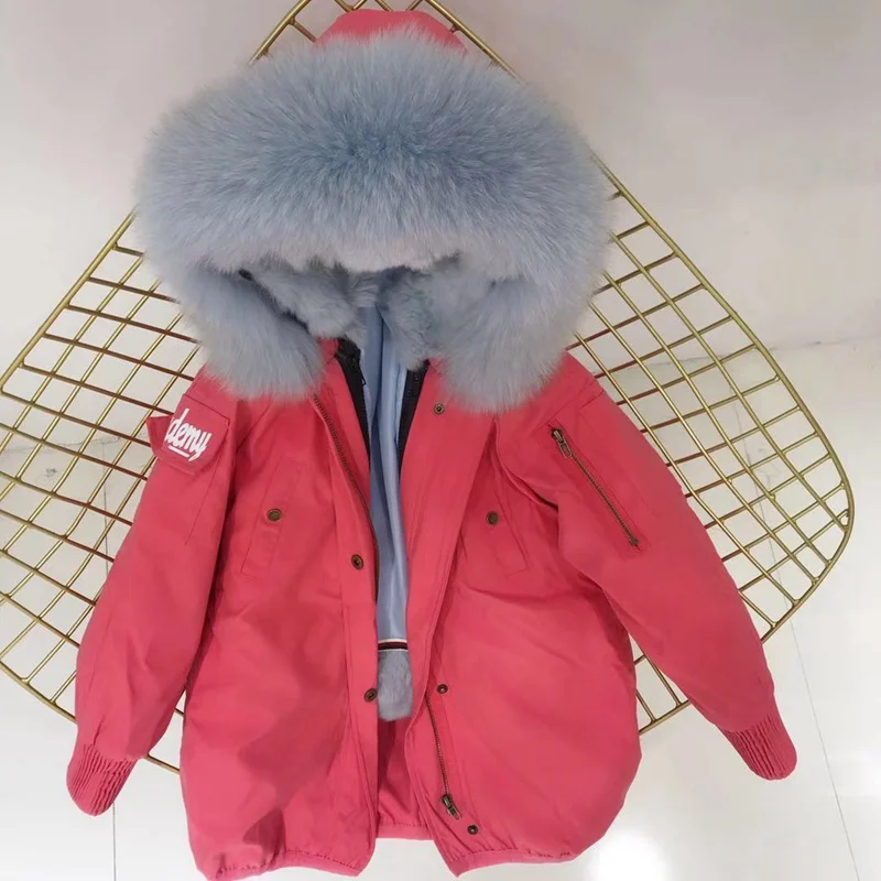 pink sky blue fur Настоящий мех кролика, парки, пальто с капюшоном из лисьего меха, Детская куртка для мальчиков и девочек, ветровка, детская зимняя одежда - Цвет: pink sky blue fur