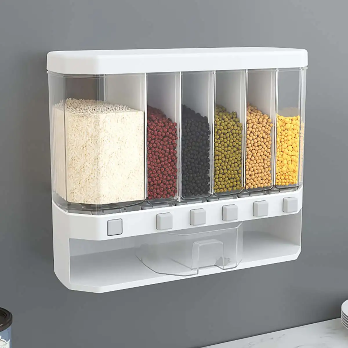 

10KG Wall Mounted Divided Rice and Cereal Dispenser 6 Moisture Proof Plastic Automatic Racks Sealed Food Storage Box