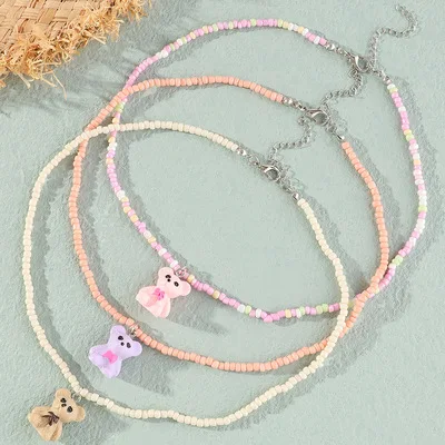 

2021 ins Innovative Hip-Hop Style Woven Necklace Monochrome Millet Beads Cute Teddy Bear Pendant Women's Jewelry Valentine's Day
