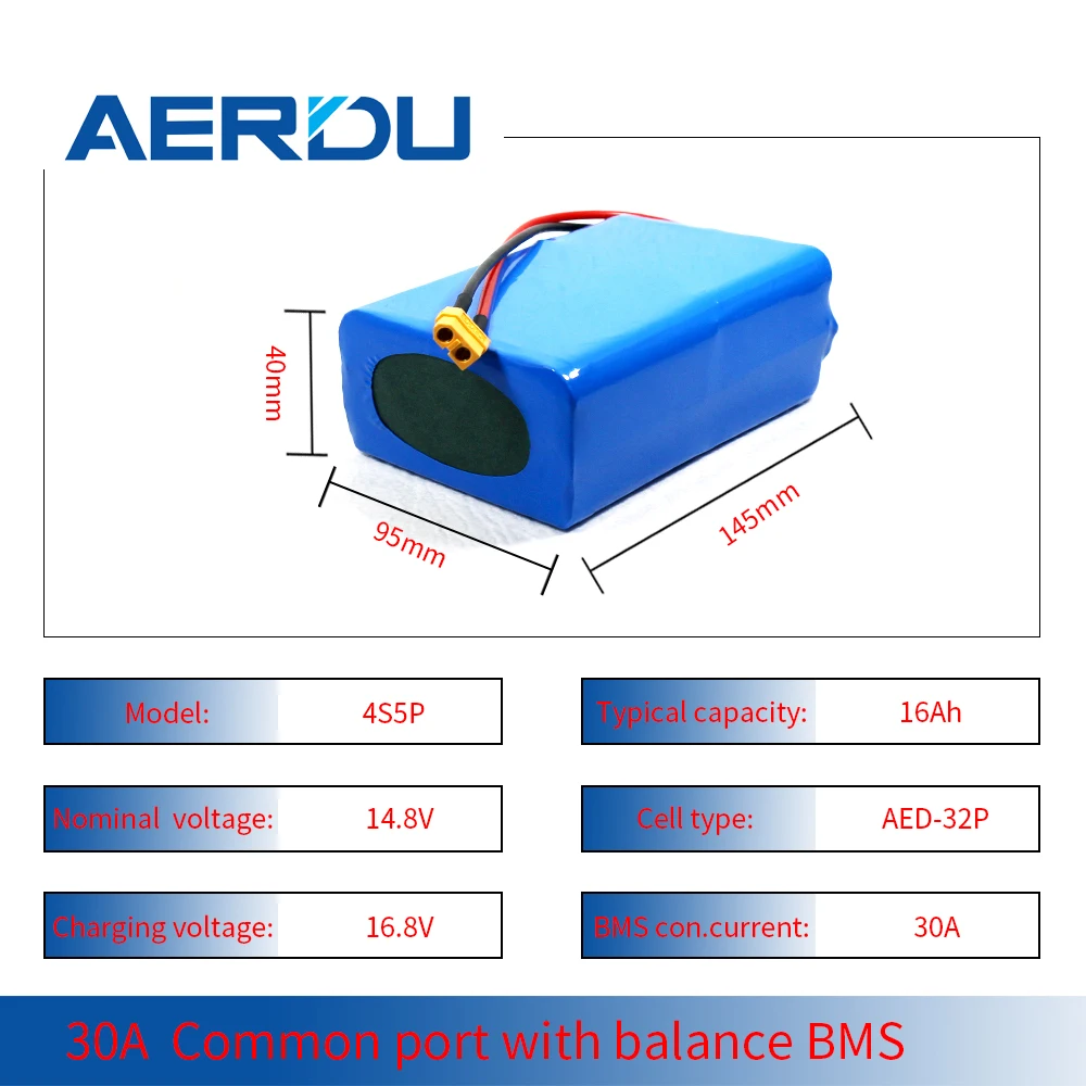

Original AERDU 4S5P 18650 Lithium Battery Pack 14.8V 16Ah for Motor 330w Ebike Skateboard Motorcycle Built-in BMS 3200mAh XT60