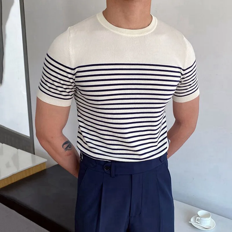 

Stripe Printing Male Summer Thin T-Shirts Casual Loose Plus Size S-XXXL Round Neck Tees Men Slim Fit High Quality Short Sleeve