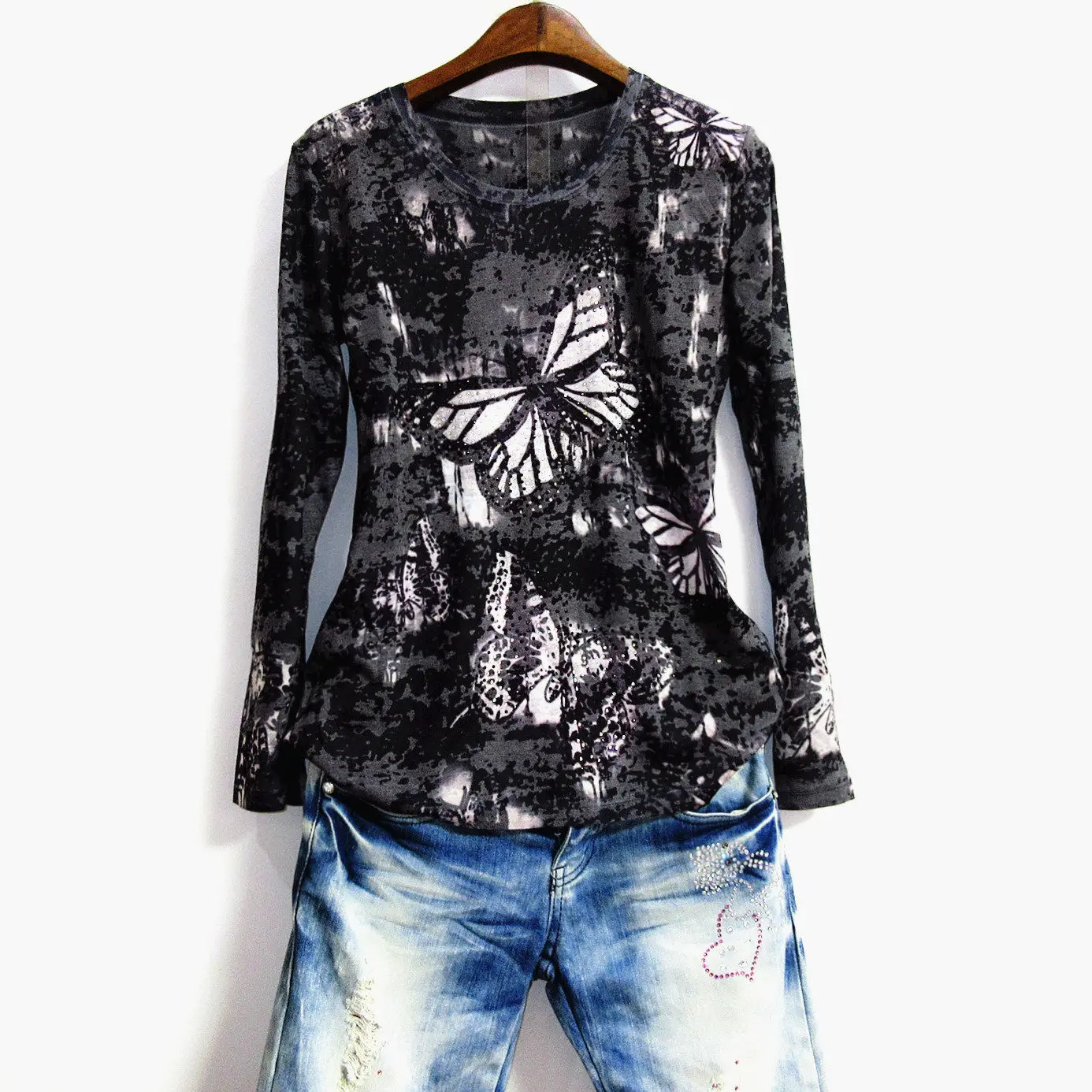 

2021 Spring Dress Loose Large Size Printed Long Sleeve T-shirt Women's Mulberry Silk Jacket Hot Diamond Silk Backing Shirt