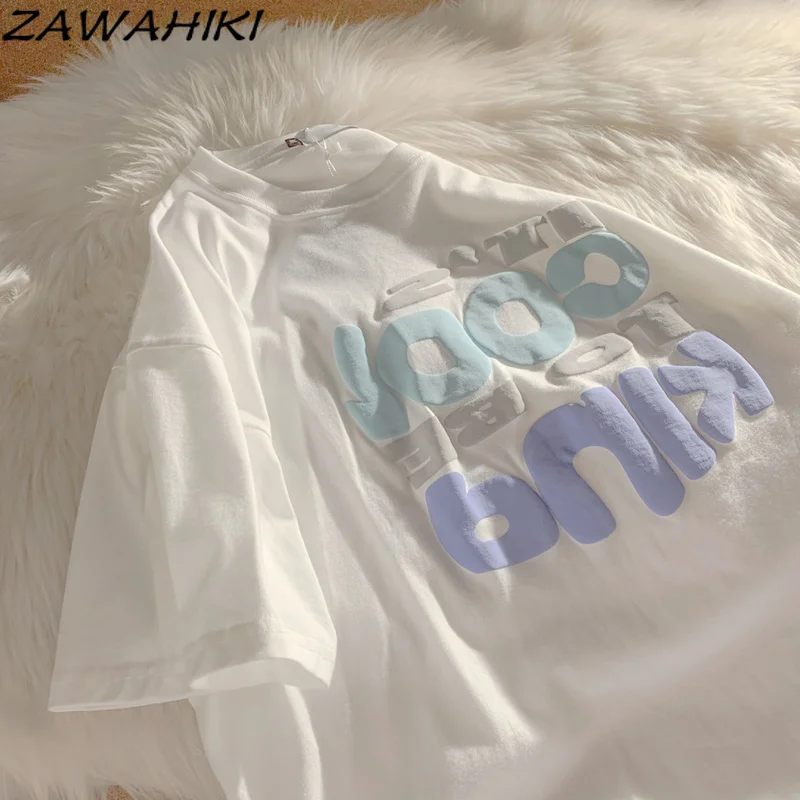 

Zawхитки, корейская мода, повседневные футболки с буквенным принтом, женские летние свободные топы с круглым вырезом и коротким рукавом, Унив...