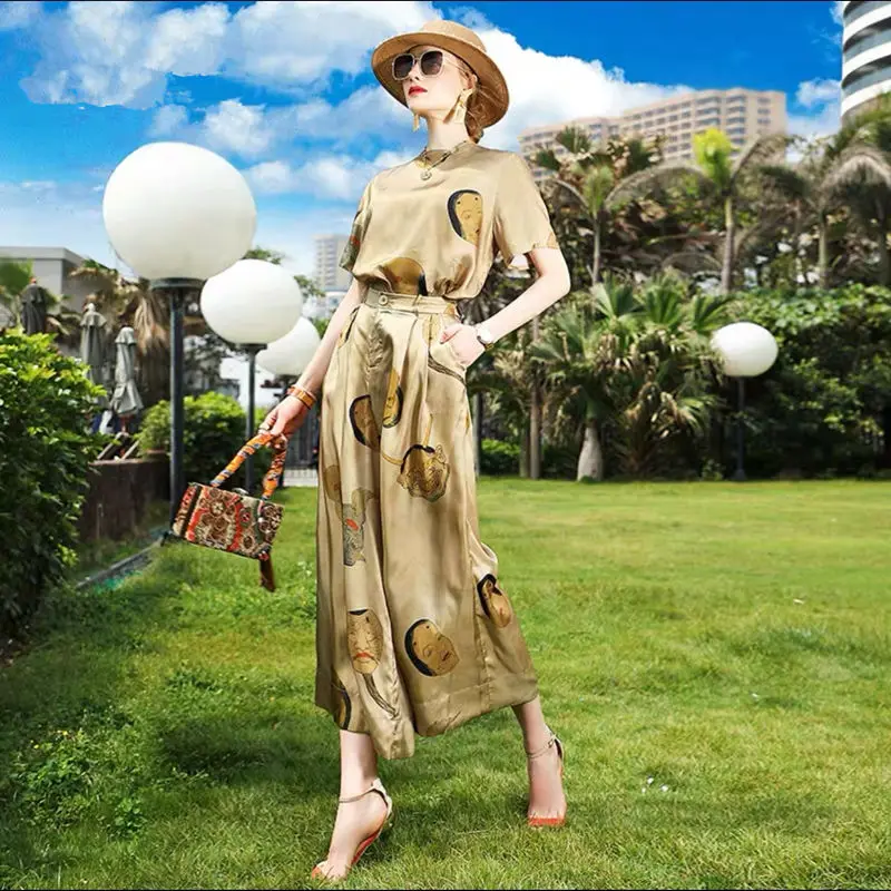 

2021 New Fashion sShort Sleeve Printing Top Two Piece Set Women Silk Like Wide Leg Pants Beach Outfits Summer Dress Joskaa