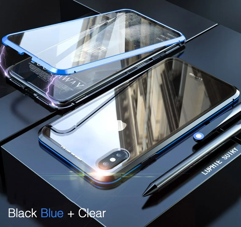 Black Blue Магнитный чехол Tongdytech для Iphone 11 Pro XS MAX X 7 8 Plus, металлический чехол для телефона, двусторонний чехол из закаленного стекла 360, чехол s - Цвет: Black Blue