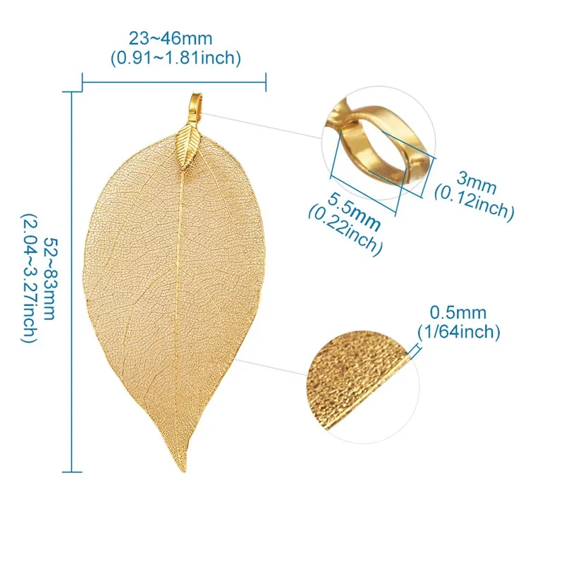 

10 pcs Metal Brass Plated Natural Leaf Big Jewelry Necklace Pendants Color Keeping Leaf 56~86x23~46x0.5~3mm Hole: 3x5.5mm