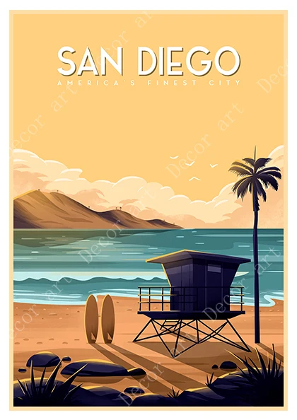 San Diego California Sunset Beach Дорожные холщовые картины винтажный настенный плакат из крафт