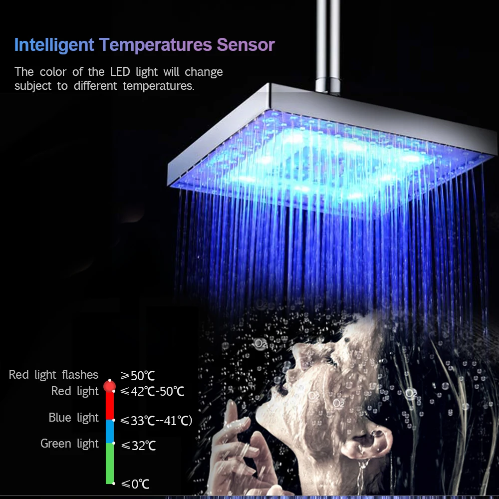 

2020 New LED Rainfall Shower Head Square Shower Head Automatically RGB Color-Changing Temperature Sensor Showerhead for Bathroom
