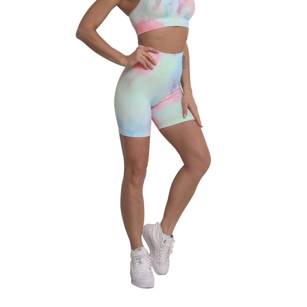 

Trendy Tie Dye Printing Yoga Set Cross Straps Sling Bras Woman 2021 Summer Colorful Short Jogger Suits High Waist Sportswear