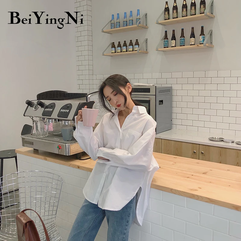 Beiyingni 2022 Spring Autumn Women Shirts White Plain Loose Oversized Blouses Female Tops Loose BF Korean Style Blusas Pockets