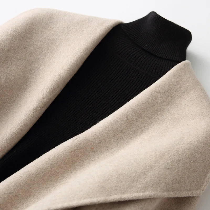 Осенне зимнее шерстяное пальто для женщин длинный пояс двусторонний тонкий