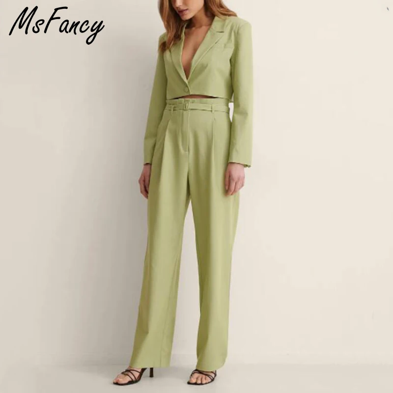 

Msfancy Green Blazer Suits Women Autumn Single Button Crop Blazer High Waist Harem Pants 2021 Mujer 2 Piece Sets Outwear