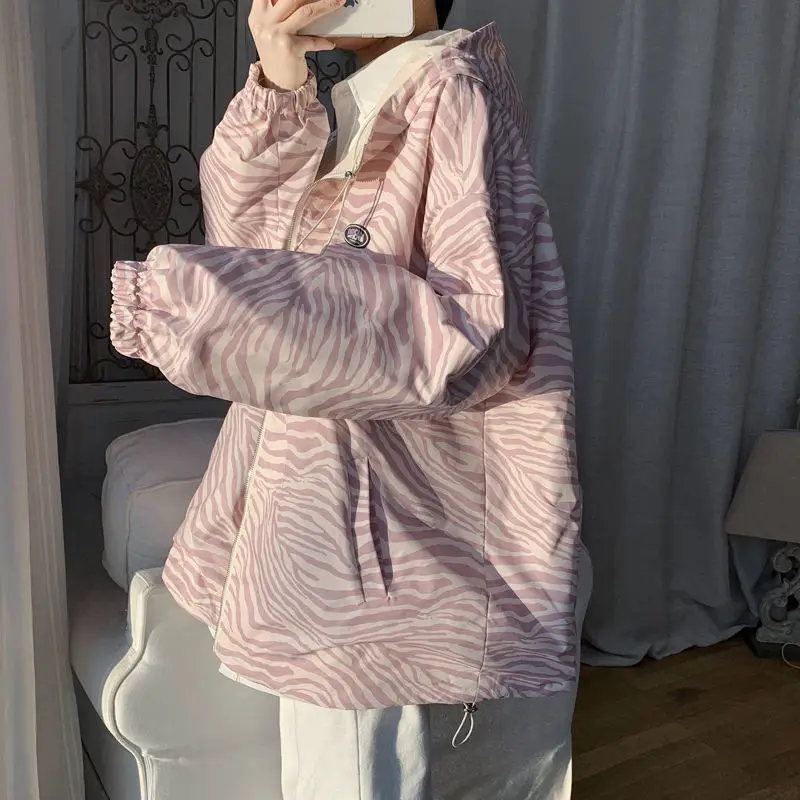 

2021 Girls Zebra Print Hooded Jacket Coat Bomber Women Uniform Clothes Female Ladies Streetwear Casual Windbreaker On Both Sides