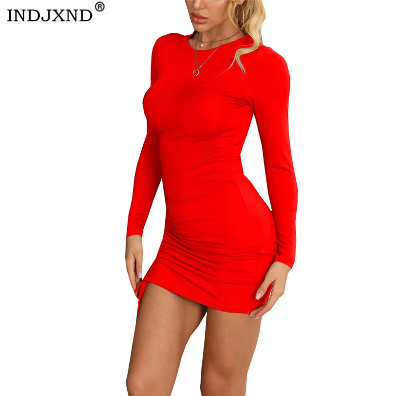

INDJXND Long Sleeve Ruched Bodycon Dress Women O Neck Bandage Mini Autumn 2021 Black Skinny Stretchy Drawstring Clothes Vestidos