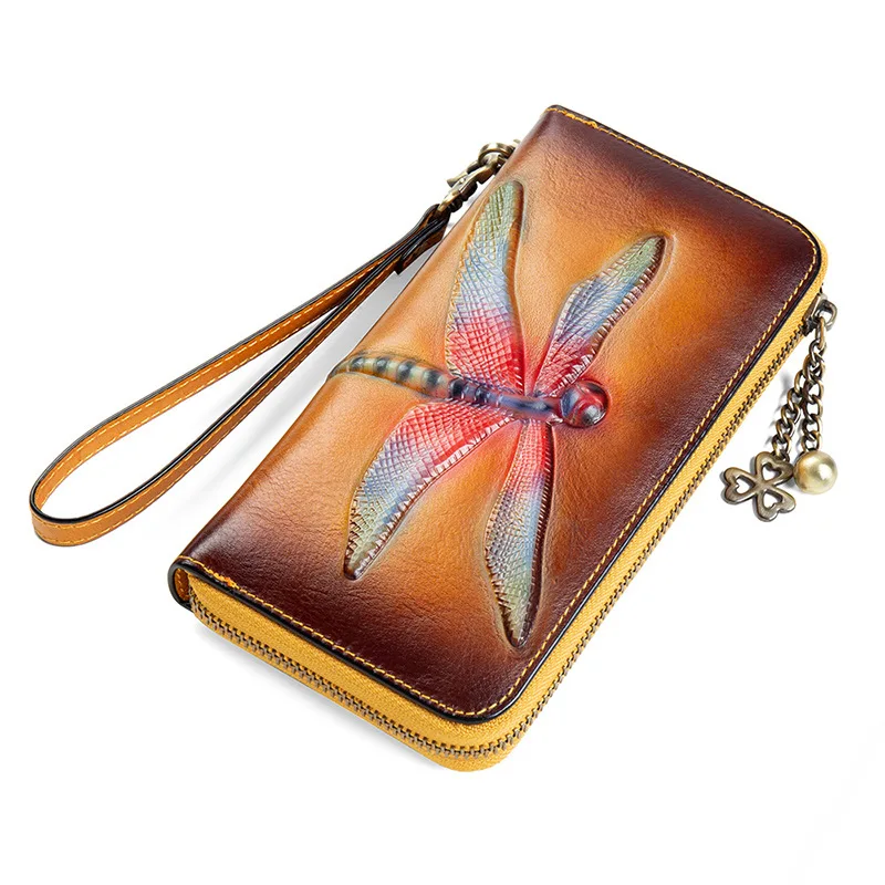 

2020 New Retro Handmade Embossing Genuine Leather Luxury Hand Wallet Vintage Dragonfly Women's Long Wallet