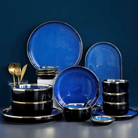 blue ceramic dinnerware set plates for food luxury golden rim porcelain dinner plate dishes salad noodles bowl for restaurant