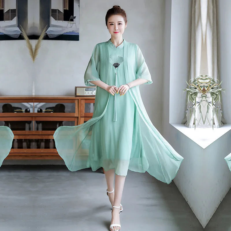 Весна Осень улучшенный Cheongsam 2 шт платье и кардиган свободные большие размеры шифоновые платья милые кисточкой винтажное женское платье