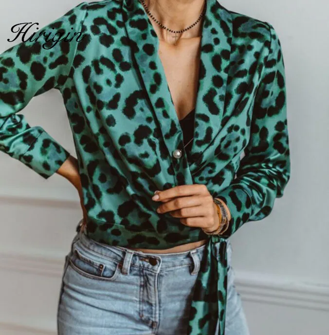 Женская блузка с V образным вырезом длинным рукавом и леопардовым принтом|Блузки|
