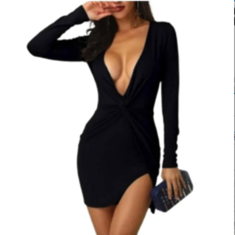 

Summer New Women's sexy deep V-neck knot folds irregular edges long-sleeved nightclub dress bag hip tight waist slim mini-skirts