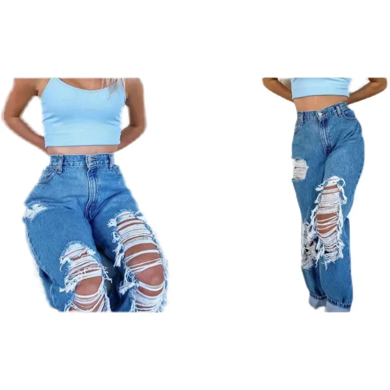 

Trousers Pants Women 2021 Fashion Hot Sale Women's Jeans Ripped Holes Look Thin Straight Street Loose All-match Jeans