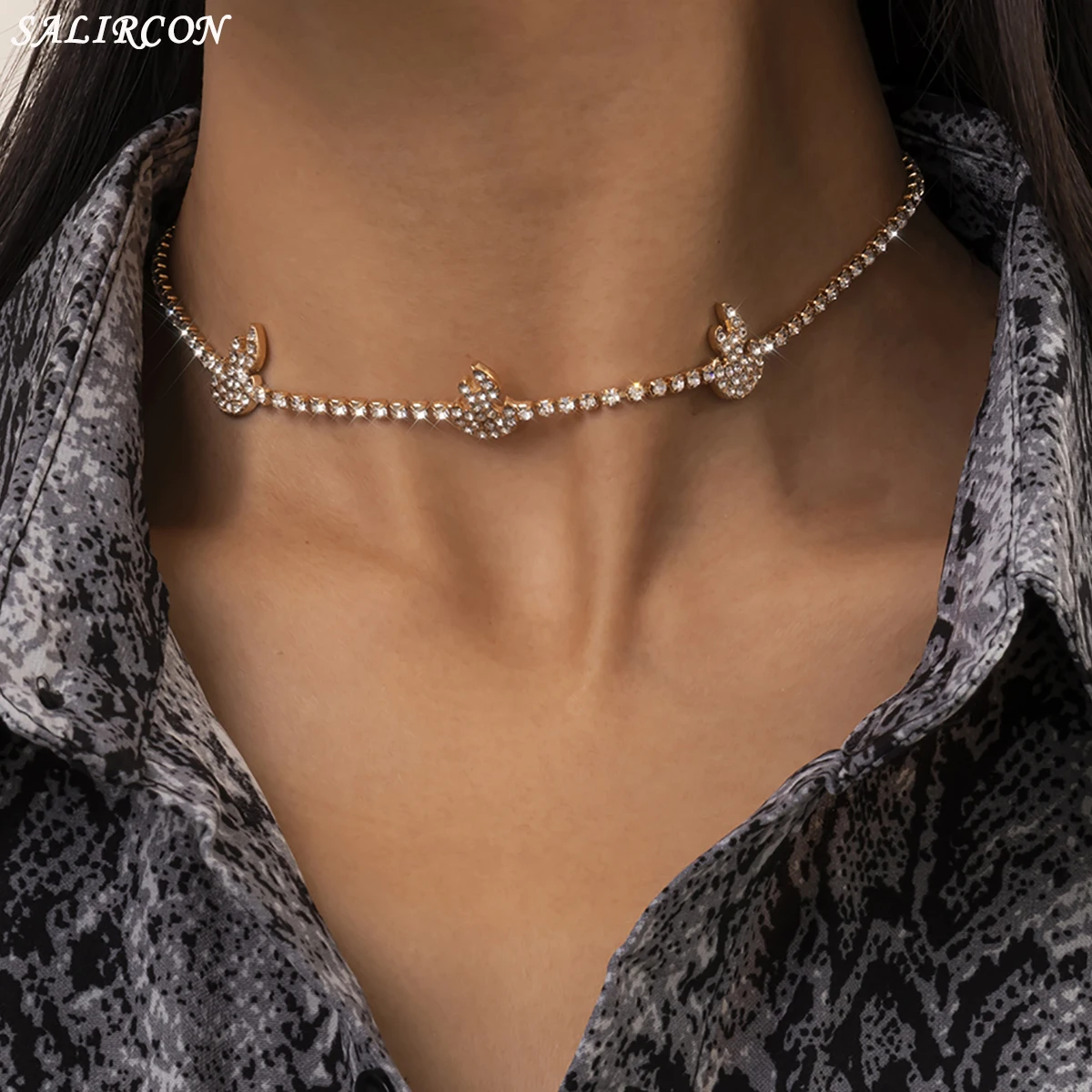 

Salircon Goth Crystal Tennis Chain Necklace for Women Kpop Rhinestone Fire Flame Choker Necklace New Fashion Jewelry Gift 2021