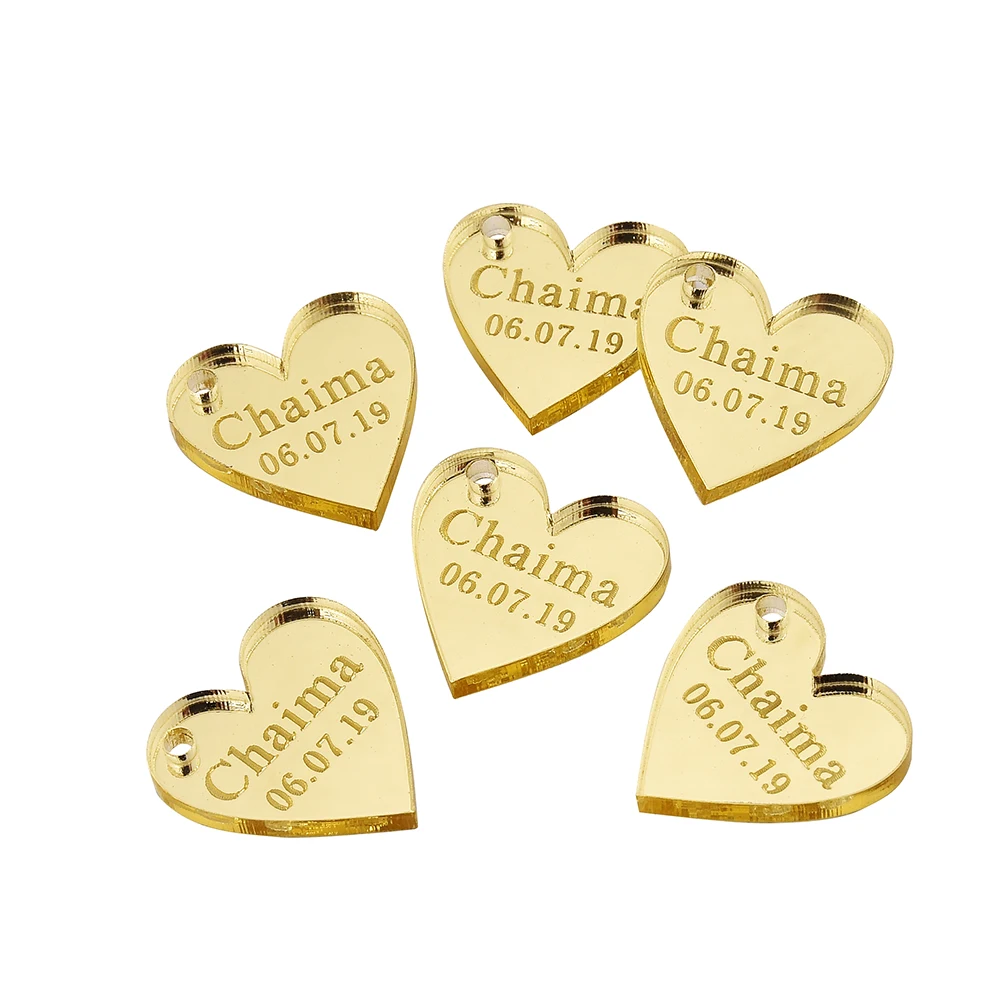 

50Pcs Personalized Engraved Mirror Gold Love Heart Wedding Tags Table Centerpieces Baby Name Tags Party Gifts Baby Shower Favors