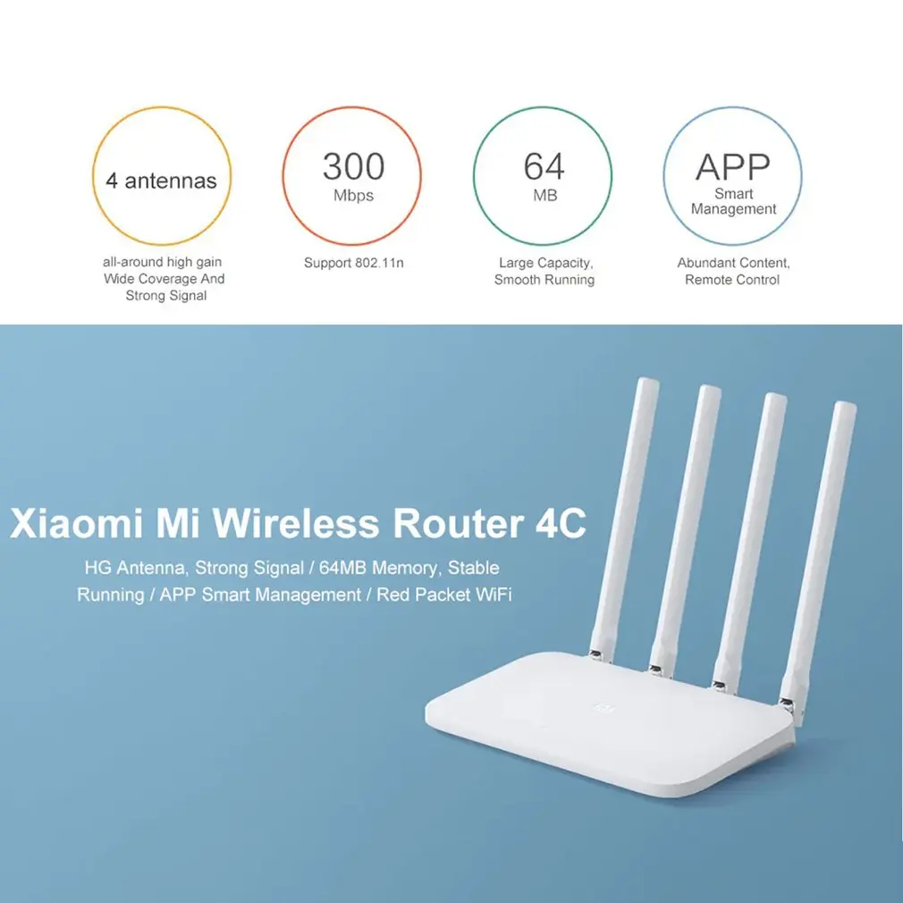 

Wi-Fi-роутер Xiaomi Mi 4C, 64 ОЗУ, 300 Мбит/с, 2,4G, 802,11 b/g/n, 4 антенны, беспроводные роутеры, ретранслятор Wi-Fi, управление через приложение Mihome