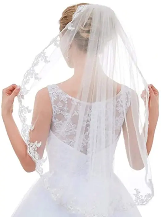 

Bridal Veil Fingertip Length 1 Tier Floral Embroider Lace Edge Wedding Veil with Comb 2021